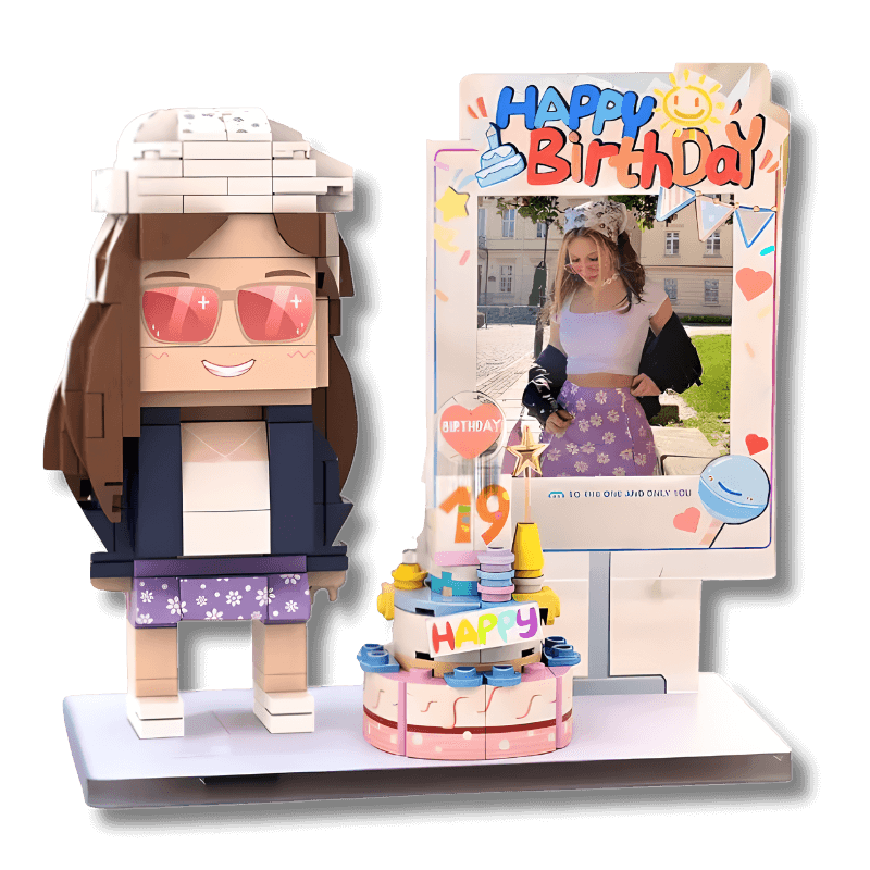 Custom Birthday Gift Set – 1 Person with Cake & Photo Display - Brick-You