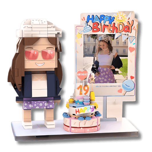 Custom Birthday Gift Set – 1 Person with Cake & Photo Display - Brick-You