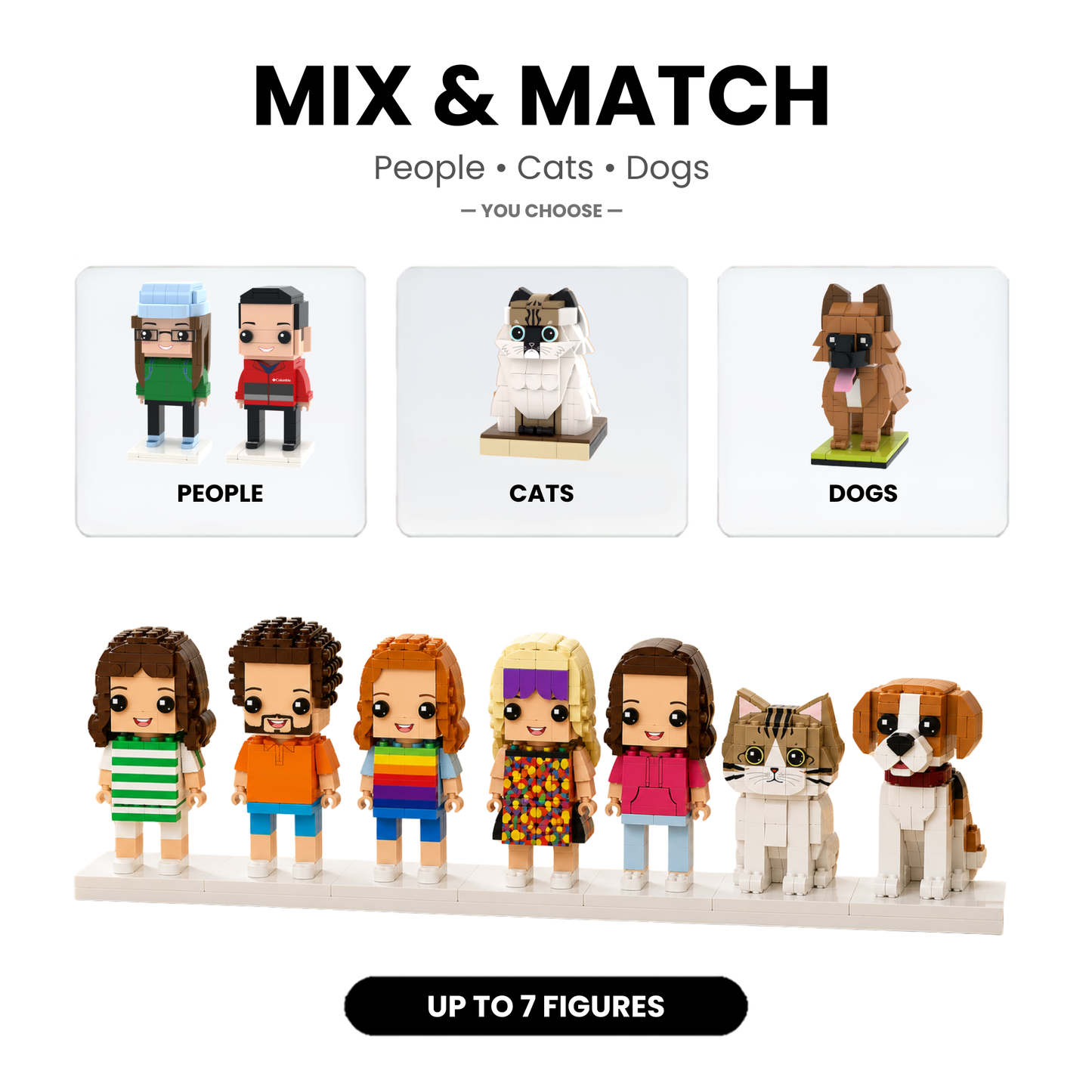Promotional graphic for a building-block toy set showing the text 'MIX & MATCH' at the top, with three example categories: people, cats, and dogs. Below, several small block figures and two dog figures are displayed on a white background, with a black banner reading 'UP TO 7 FIGURES'.