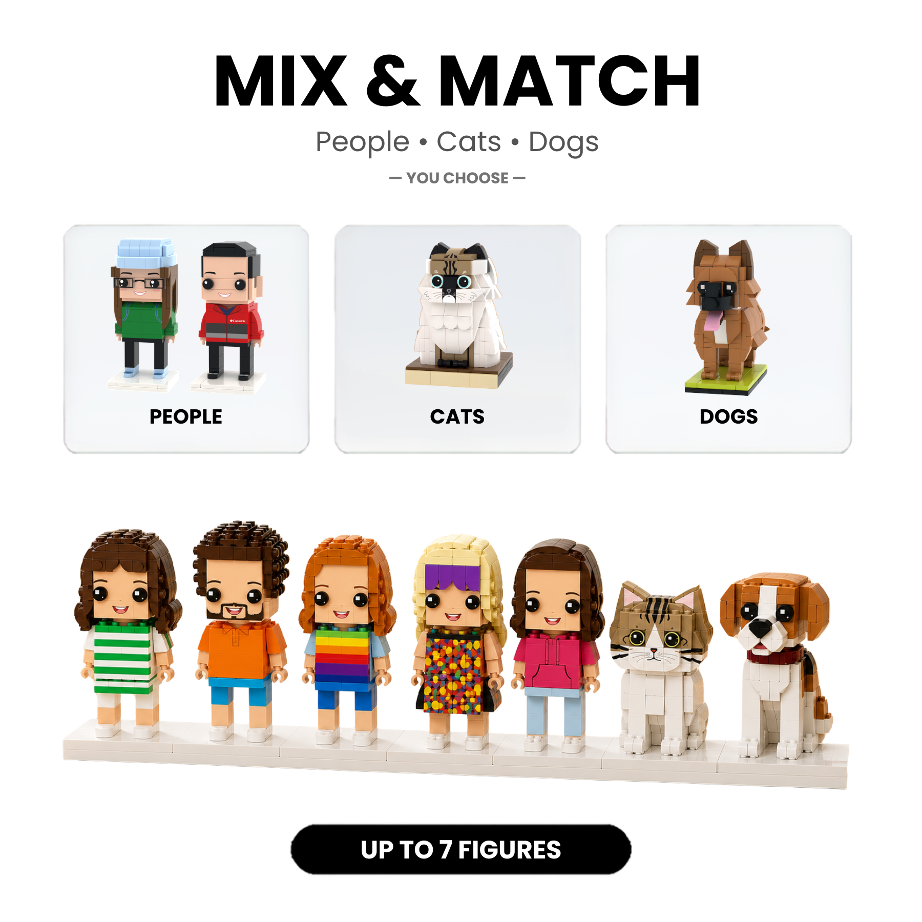 Promotional graphic for a building-block toy set showing the text 'MIX & MATCH' at the top, with three example categories: people, cats, and dogs. Below, several small block figures and two dog figures are displayed on a white background, with a black banner reading 'UP TO 7 FIGURES'.