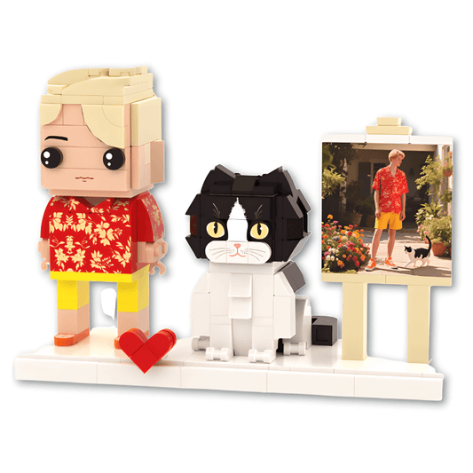 Custom mini figure of a person with blonde hair, red shirt, and black cat on a white base.