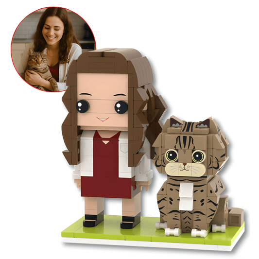 custom minfigure of a woman with a lego cat on a white background