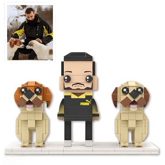 Personalised Lego figure of a man with two dogs on a white background
