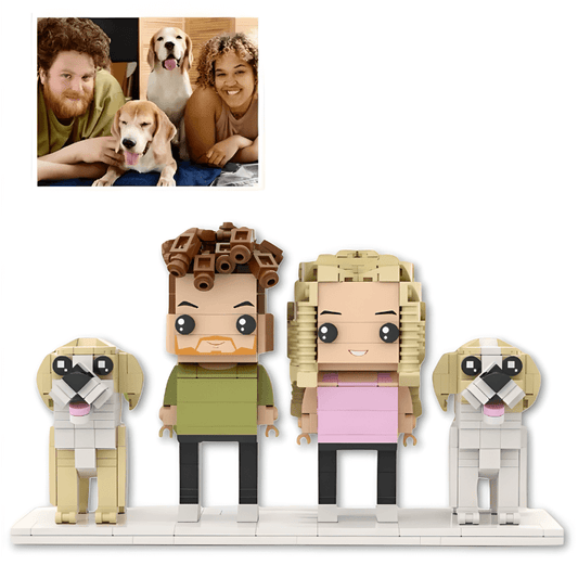 Custom mini figures of a family with dogs next to a photo of the family with real dogs.