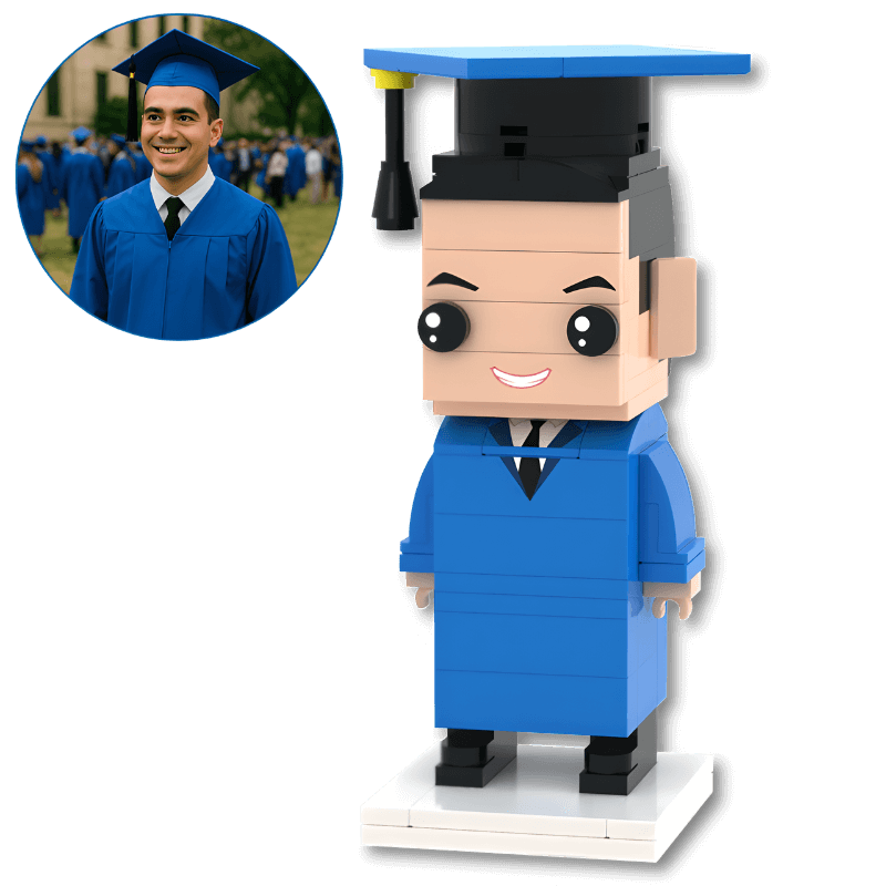 Graduation mini figure in blue gown and cap with inset photo of a real graduate.