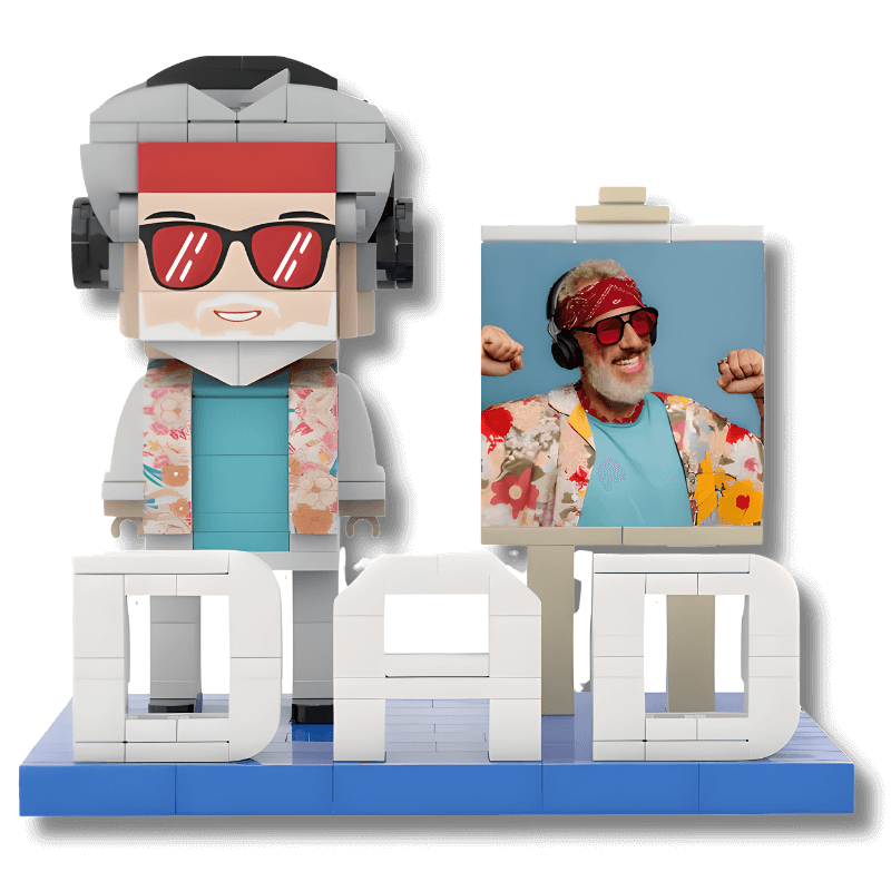 Custom mini figure made of lego compatible bricks with sunglasses and a 'DAD' block below