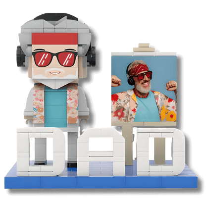 Custom mini figure made of lego compatible bricks with sunglasses and a 'DAD' block below