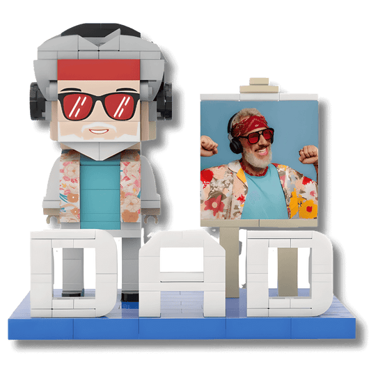 Custom mini figure made of lego compatible bricks with sunglasses and a 'DAD' block below