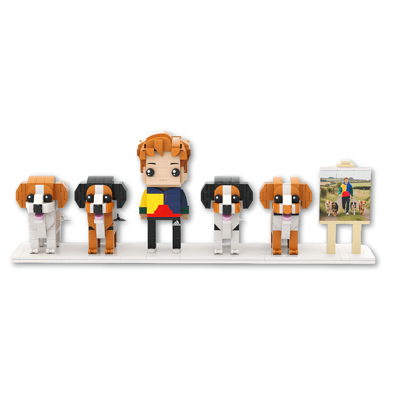 Set custom mini figure dog and owner on a white base with a white background