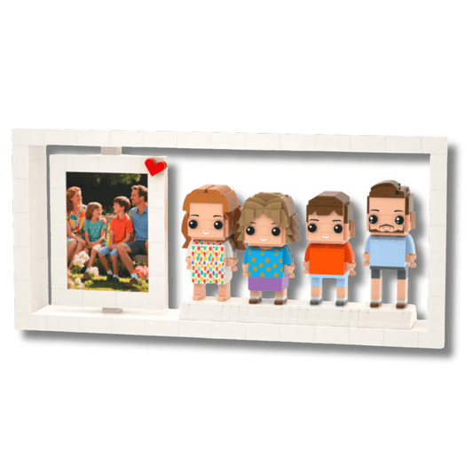 White photo lego frame with custom mini figurines of a family and a heart-shaped picture on a white background