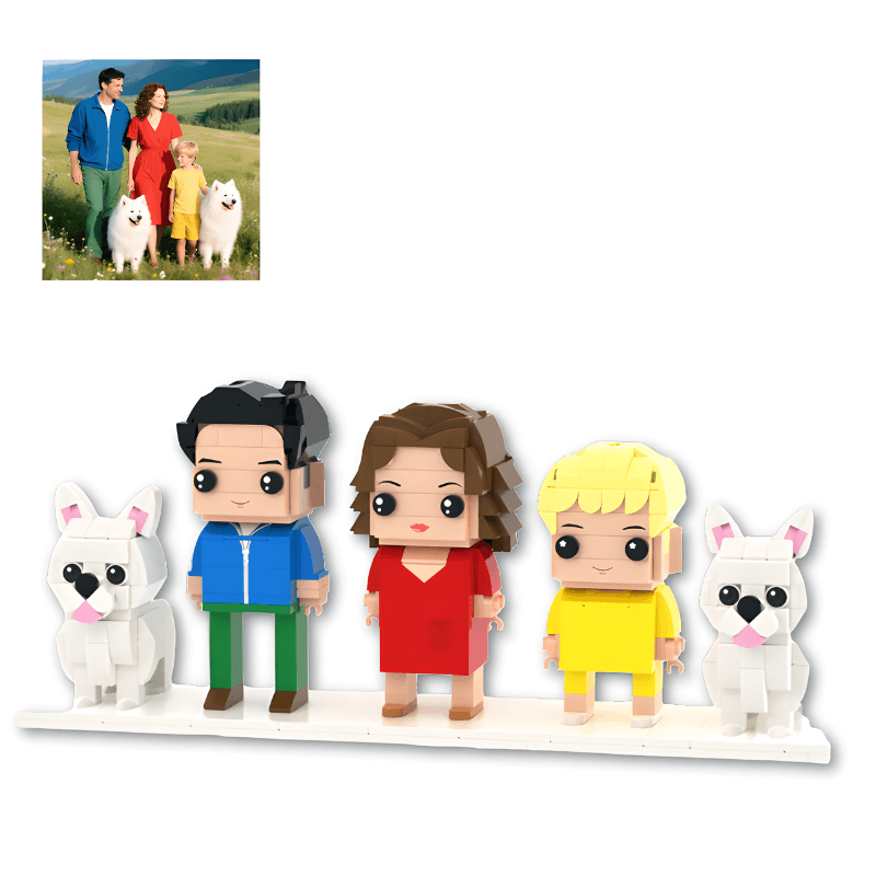 Set of personalised mini figures resembling a family with two dogs, with a photo insert of a real family with two dogs in the background.