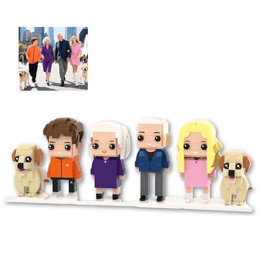 Set ofcustom mini figures of people and dogs on a white background with an inset photo of people walking dogs.