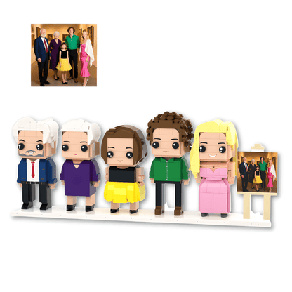 Set of five custom mini figures in front of a family photo backdrop