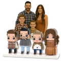 Four custom brick mini figures made from family photos, personalised 4-person mini figure set
