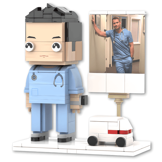 custom mini figure of a doctor in scrubs with a small model ambulance on a white background