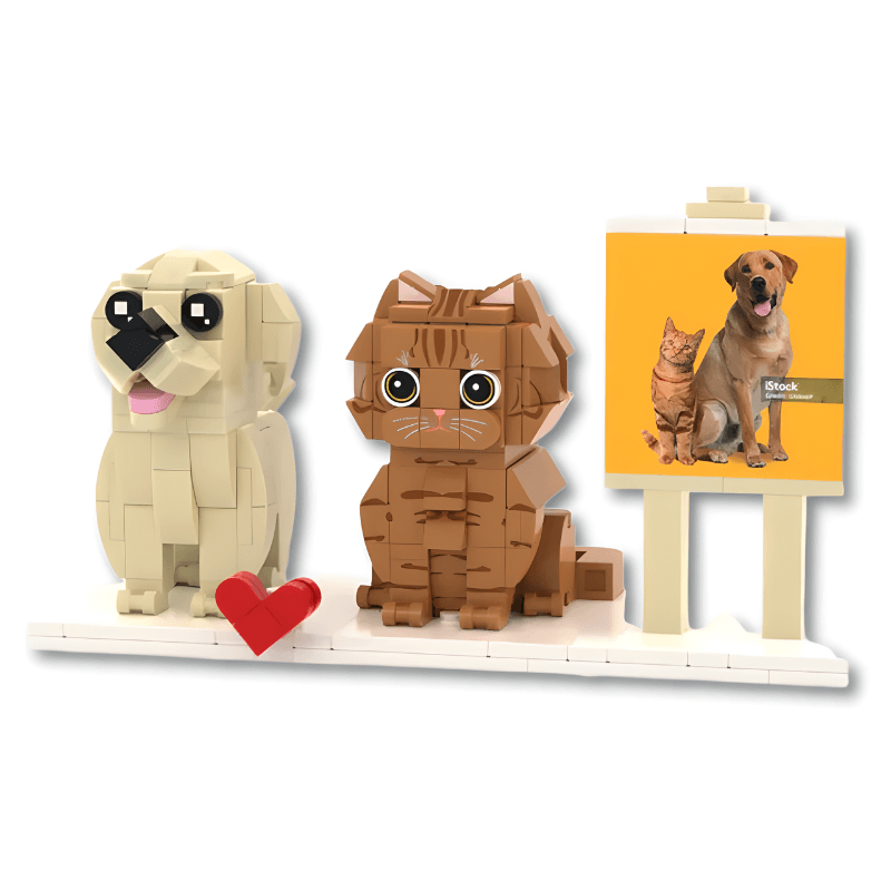 Custom lego dog and cat figures with a heart and an easel displaying another dog and cat on a white background.
