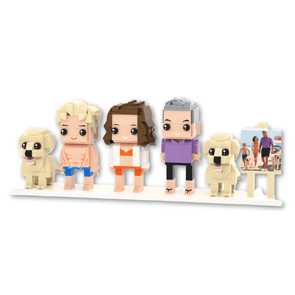 Set of custom mini brick figurines resembling a family with two dogs on a white background
