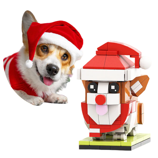 Dog wearing a Santa hat with a close-up inset and a corgi custom brick figure on a blurred festive background.