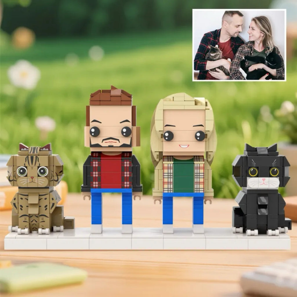Custom cat owner brick figures with pets from a photo of a couple with a cat.