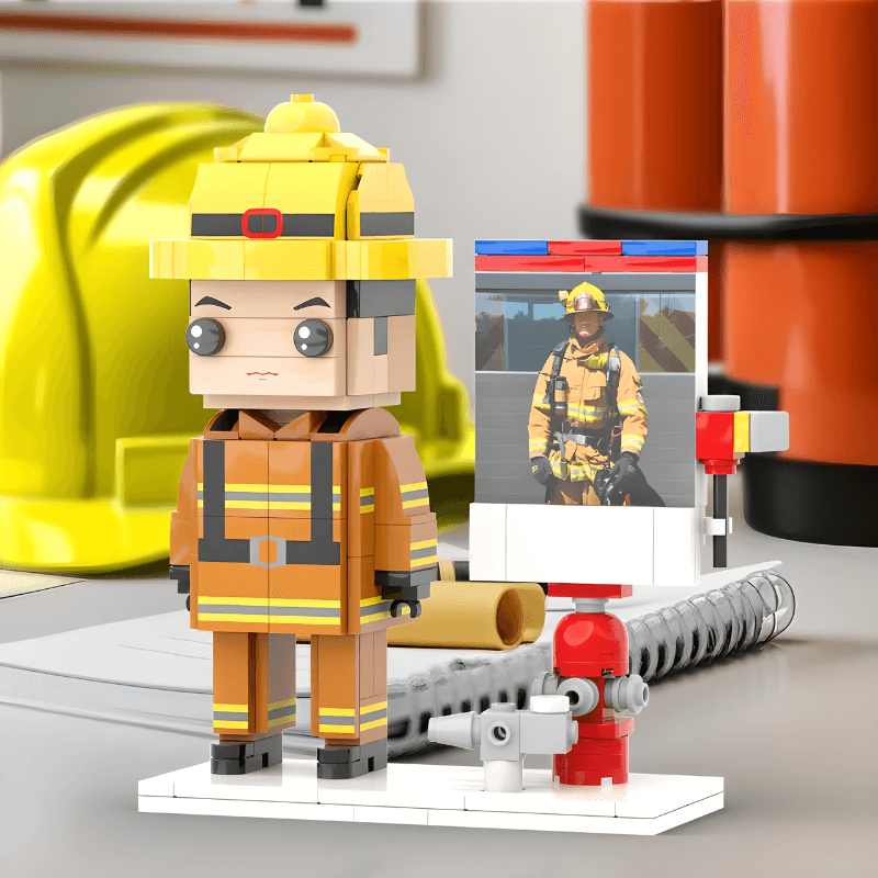 Fireman custom mini figure made of interlocking bricks with a fire hydrant and hose in the background.
