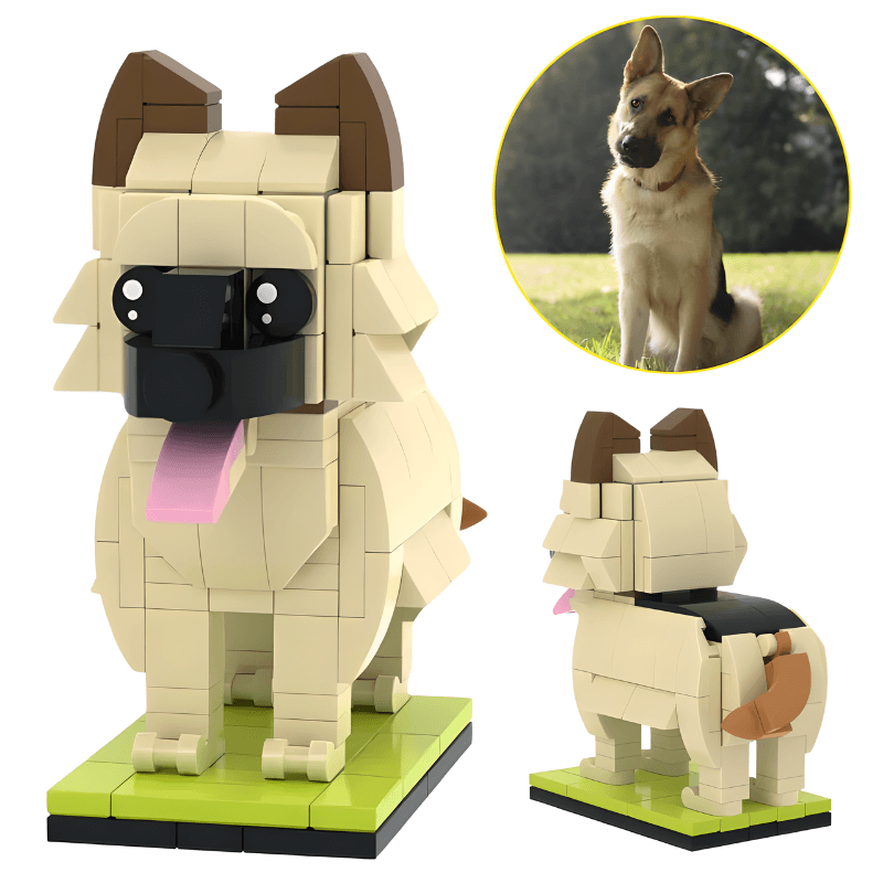 German shepherd custom brick figure. LEGO-style Toy dog model made of interlocking bricks with a real German Shepherd photo inset.