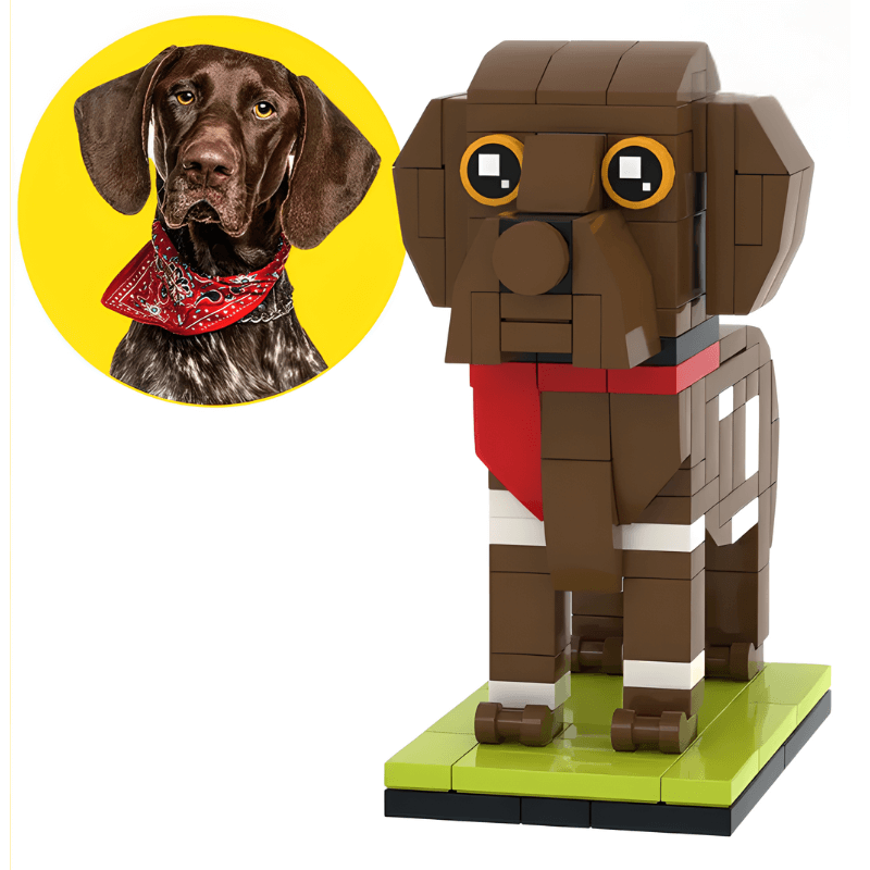 LEGO dog model with a real-life dog photo on a yellow circle, on a white background