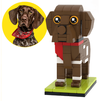 LEGO dog model with a real-life dog photo on a yellow circle, on a white background
