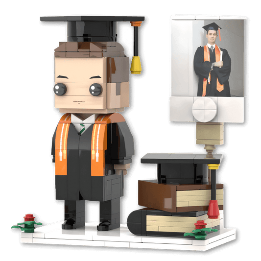 Graduation Minifigure Display – Personalized Graduation Figurine with Books, Cap & Photo - Brick-You
