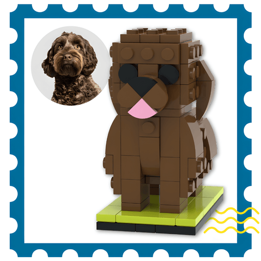 Custom Groodle dog brick figure with curly fur and soft features