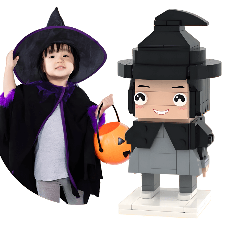 Child in witch costume with a custom mini figure of a witch next to them on a white background