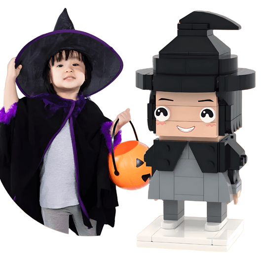 Child in witch costume with a custom mini figure of a witch next to them on a white background