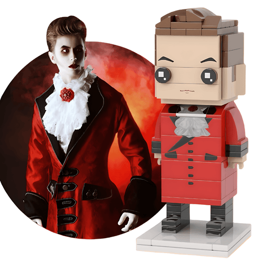 Custom mini figure of a Halloween character in a red coat with a white ruffled shirt next to an image of the character in a dark coat.