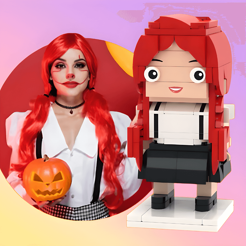 Custom mini figure Halloween character with red hair and a pumpkin next to a person with red hair and makeup on a colorful background