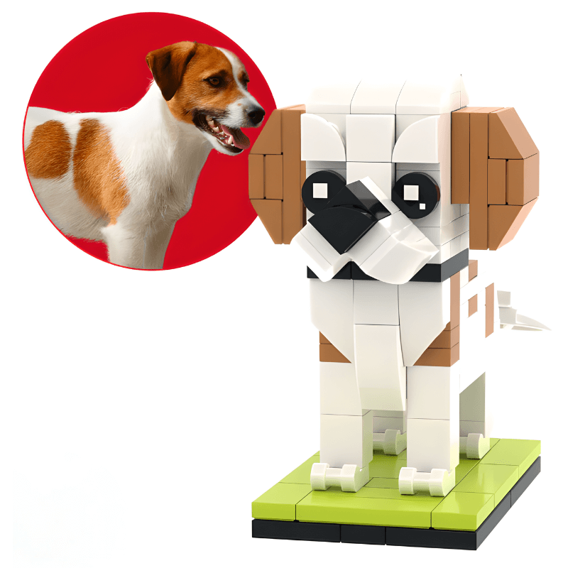 LEGO dog mini figure jack russell with a close-up of a real dog's face on a red circle, on a white background.