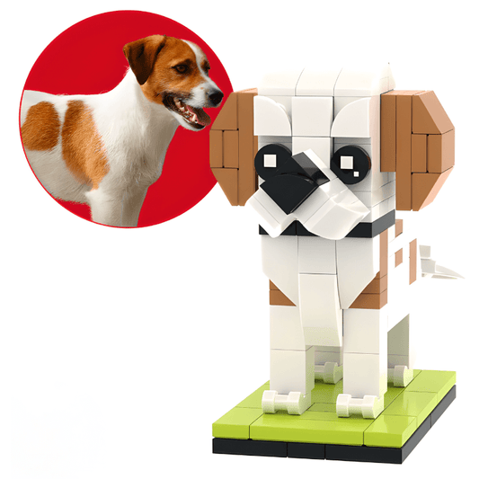 LEGO dog mini figure jack russell with a close-up of a real dog's face on a red circle, on a white background.