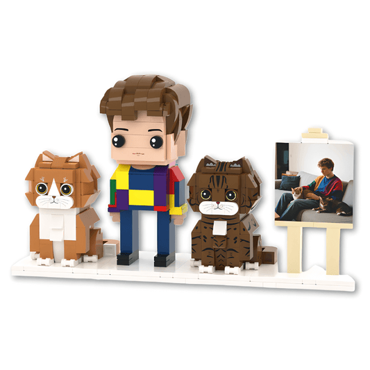 Custom mini figure of a person with two cats on a white background