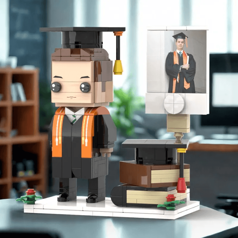 Graduation Minifigure Display – Personalized Graduation Figurine with Books, Cap & Photo - Brick-You