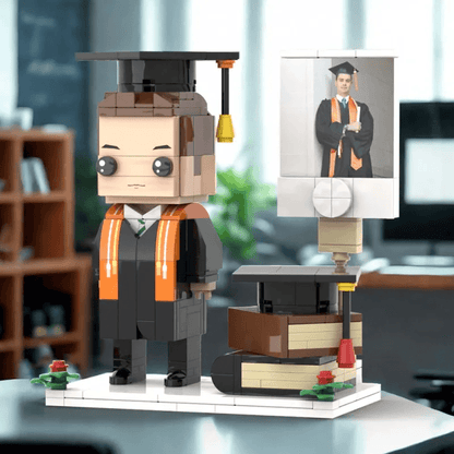 Graduation Minifigure Display – Personalized Graduation Figurine with Books, Cap & Photo - Brick-You