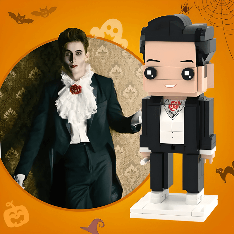 Personalised mini figure of a character in formal attire on an orange Halloween-themed background