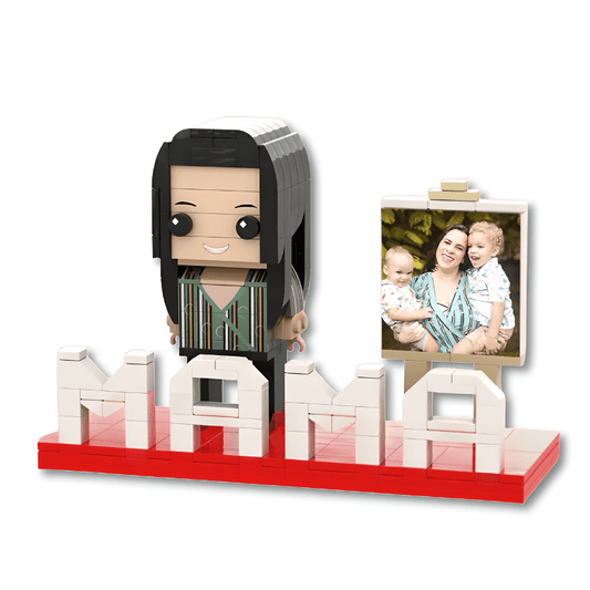 Brick figure of a woman with a baby and 'MAMA' text on a white background