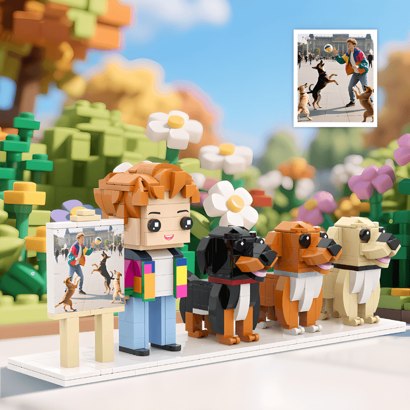Personalized Lego-style mini figures of a person and three dogs with a scenic backgrounds showing before and after