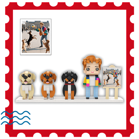 Personalized dog owner gifts of a 1 person and 3 dogs with frame custom brick figures