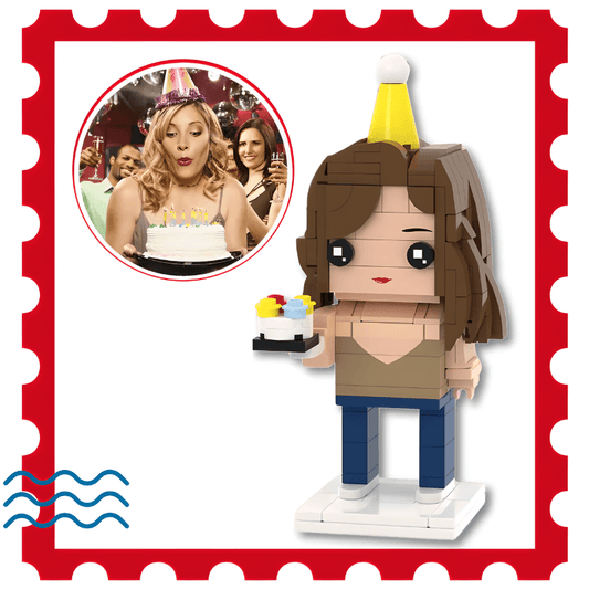 LEGO figure of a woman with a cake and party hat. personalized birthday gift and Lego birthday set