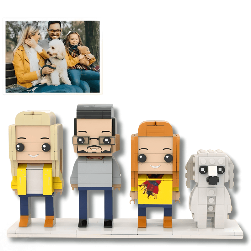 Custom brick mini figures of three people and a dog, personalised family and dog gift set