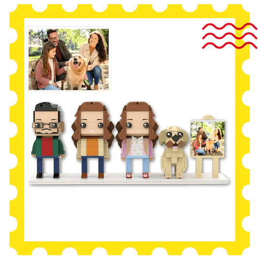 personalized pet gift with custom brick figures of 3 people a dog and small display easel