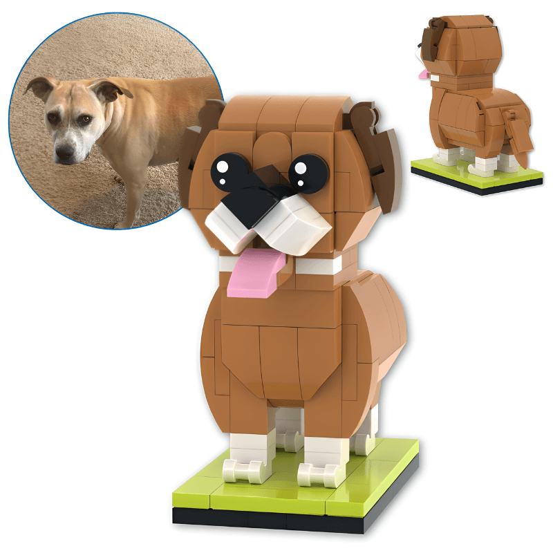 Lego Brick-built custom dog model of a pit bull before and after