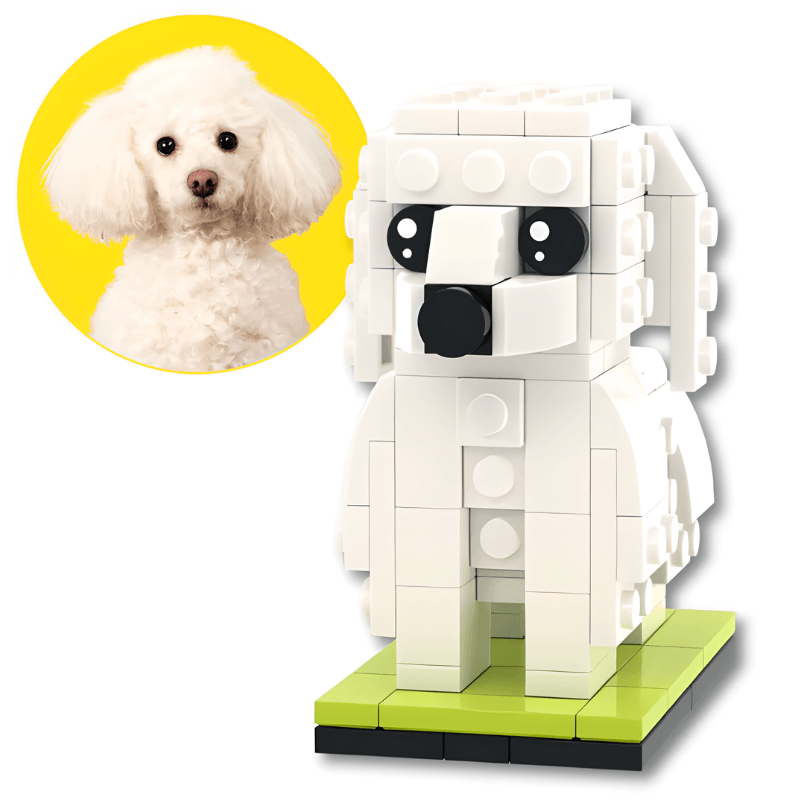 LEGO model of a white poodle dog next to a photo of a real white dog on a yellow circle