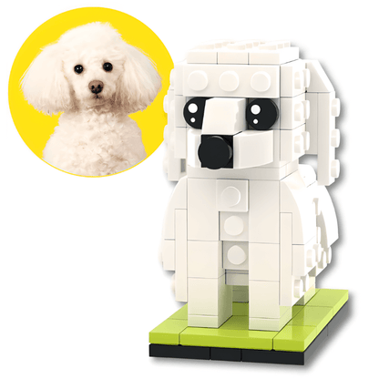 LEGO model of a white poodle dog next to a photo of a real white dog on a yellow circle