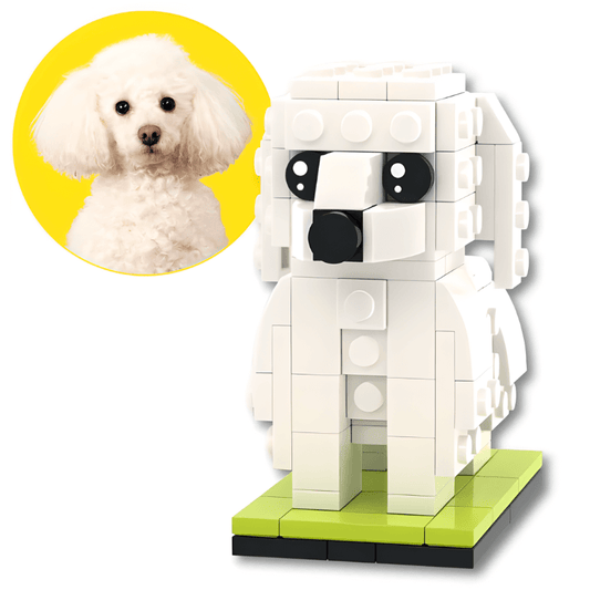 LEGO model of a white poodle dog next to a photo of a real white dog on a yellow circle