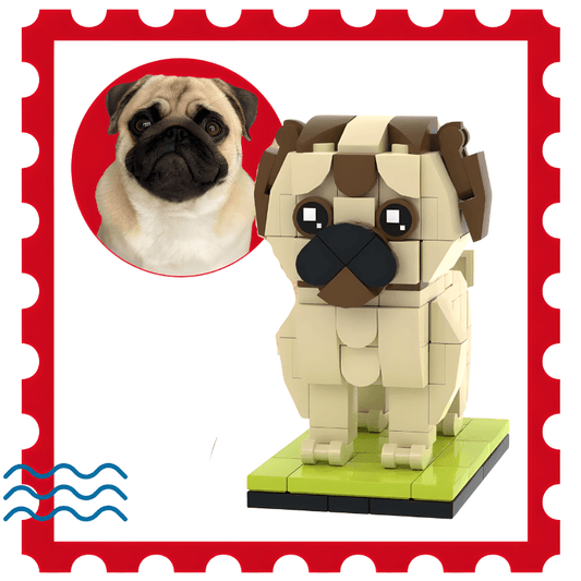 LEGO pug dog model with a real pug photo gift for dog owner